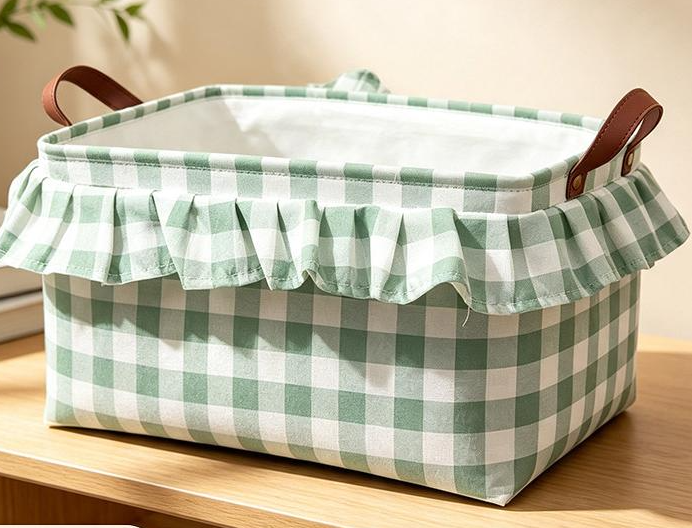 Ruffled Gingham Fabric Basket With Carry Handles - Green - 1