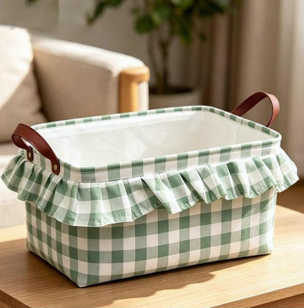Ruffled Gingham Fabric Basket With Carry Handles - Green - 2