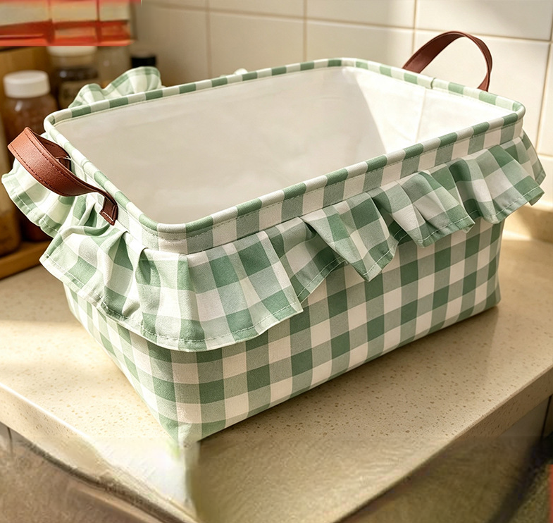 Ruffled Gingham Fabric Basket With Carry Handles - Green - 3