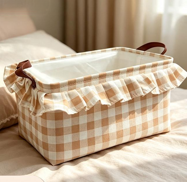 Ruffled Gingham Fabric Basket With Carry Handles - Khaki