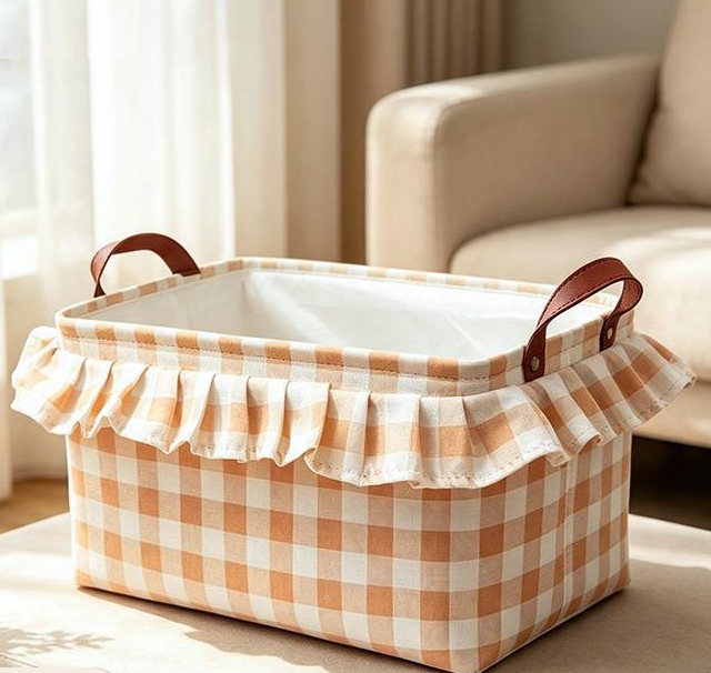 Ruffled Gingham Fabric Basket With Carry Handles - Khaki - 1