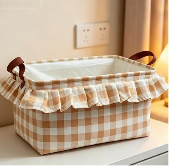 Ruffled Gingham Fabric Basket With Carry Handles - Khaki - 2