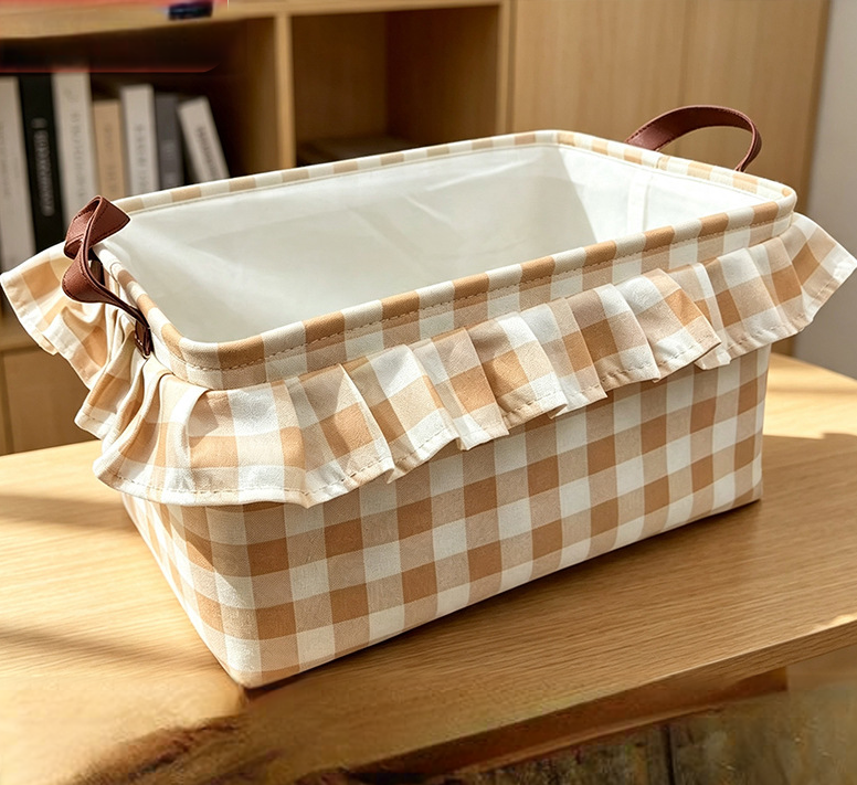 Ruffled Gingham Fabric Basket With Carry Handles - Khaki - 3