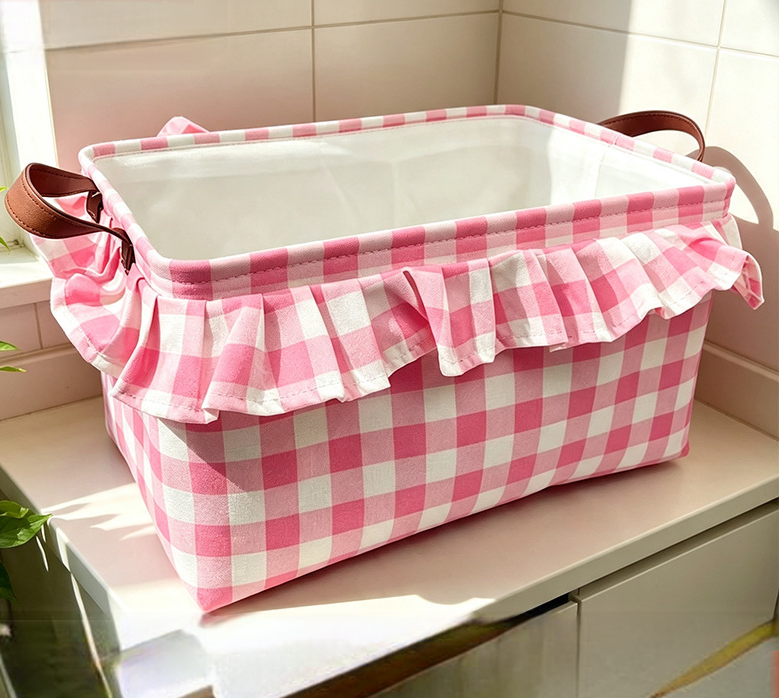 Ruffled Gingham Fabric Basket With Carry Handles - Pink
