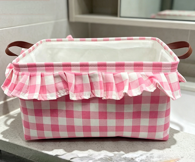 Ruffled Gingham Fabric Basket With Carry Handles - Pink - 1
