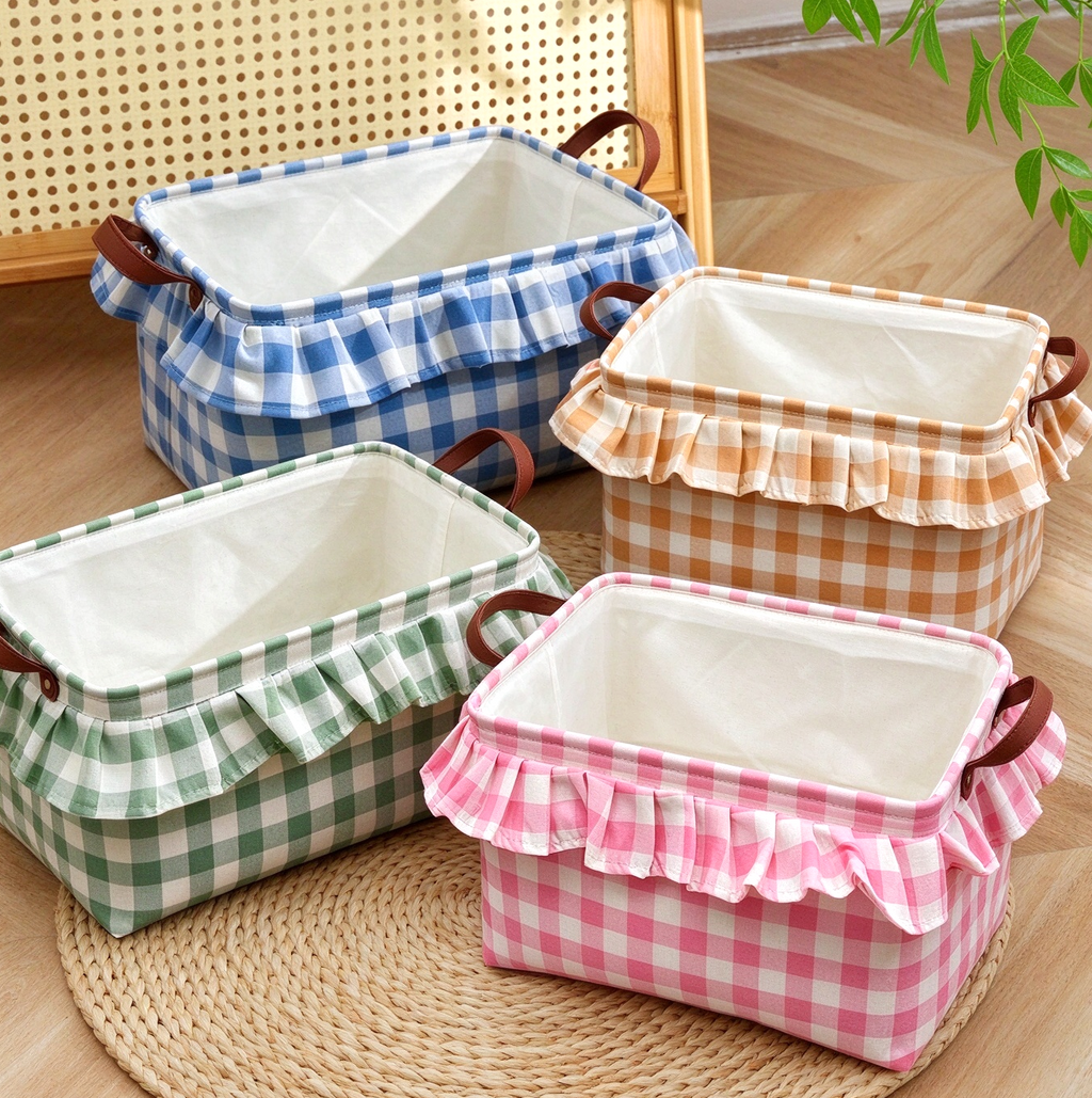 Ruffled Gingham Fabric Basket With Carry Handles - Pink - 2