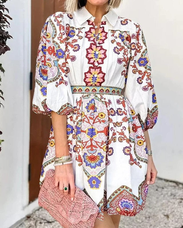 Bohemian Floral Print Collared Mini Dress - Decor