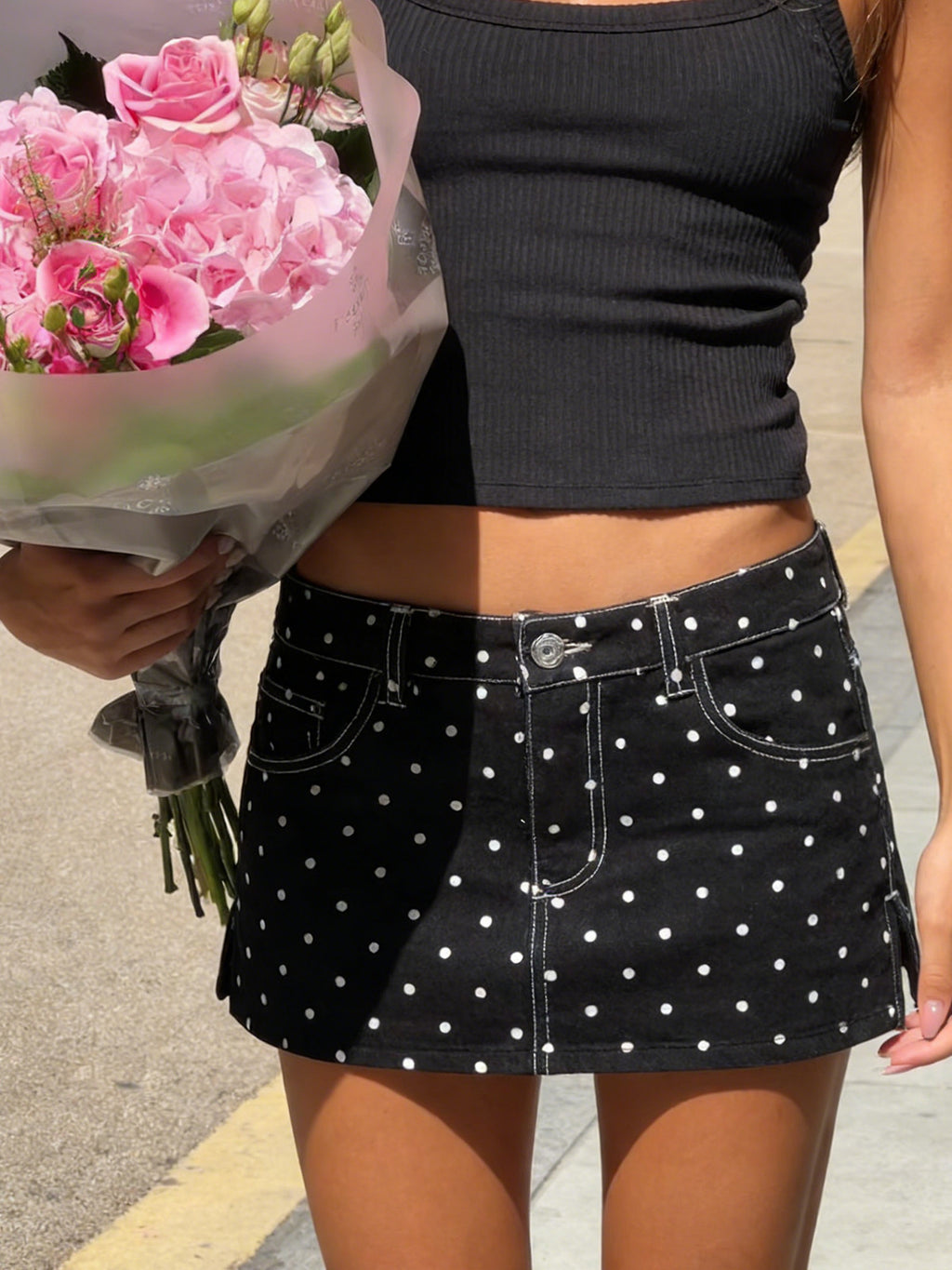 Y2K Polka Dot Low Rise Denim Mini Skirt - Black - 2