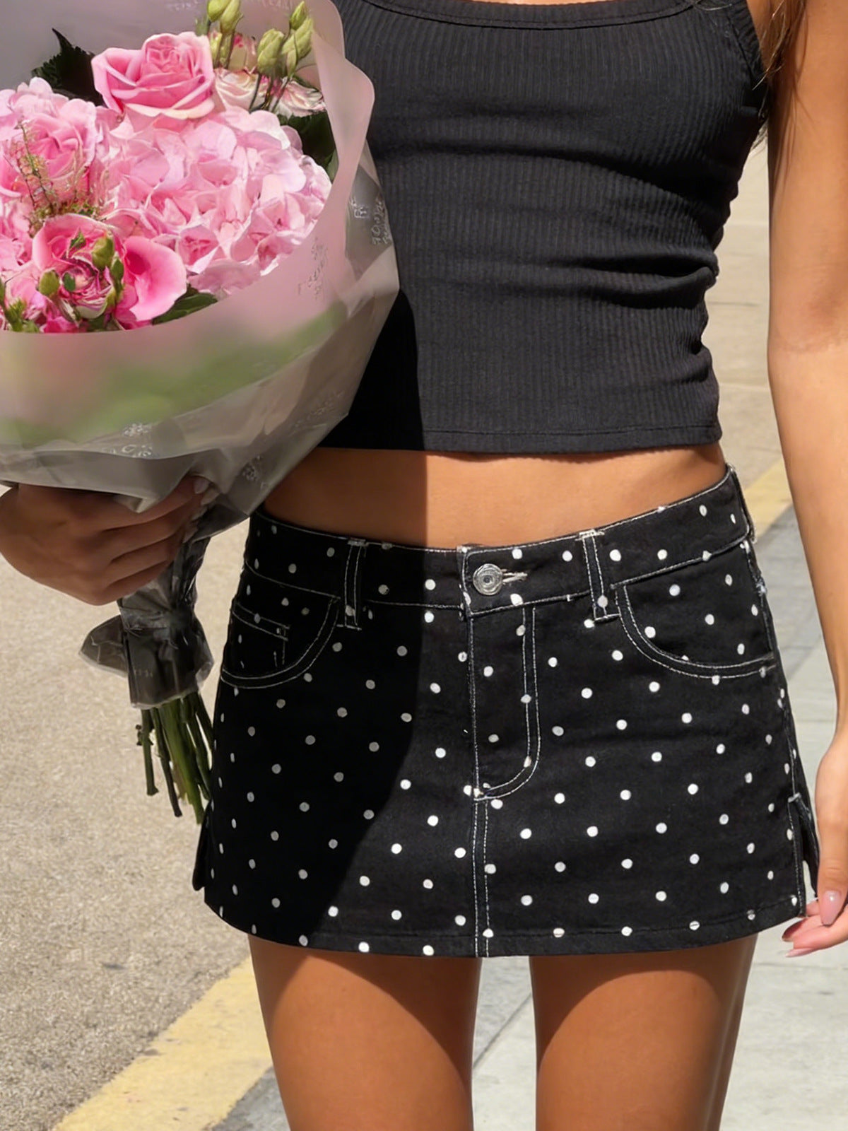 Y2K Polka Dot Low Rise Denim Mini Skirt - Black - 2