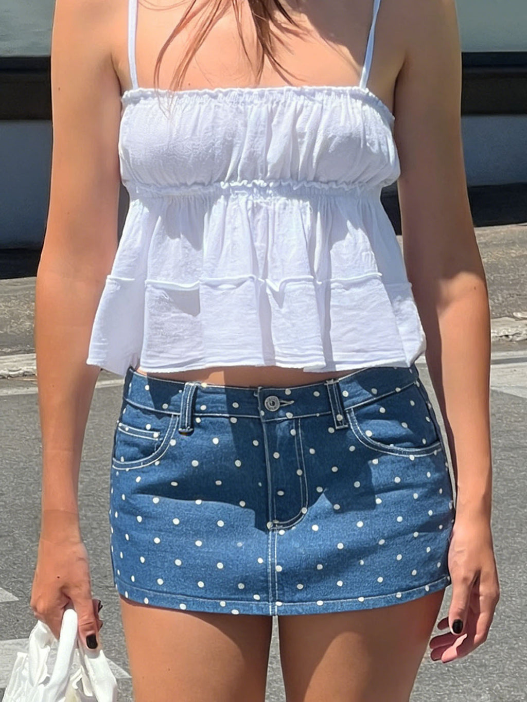 Y2K Polka Dot Low Rise Denim Mini Skirt - Blue - 1