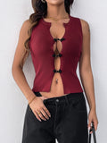 Ribbed Knot Button Cut Out Tank Top - Red