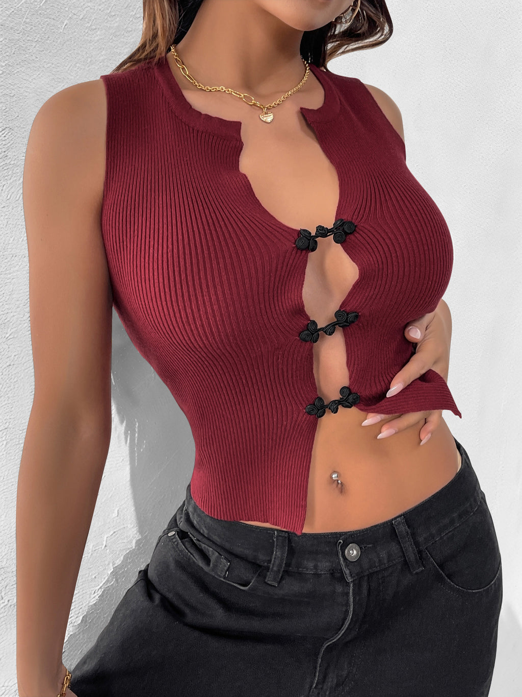 Ribbed Knot Button Cut Out Tank Top - Red - 1