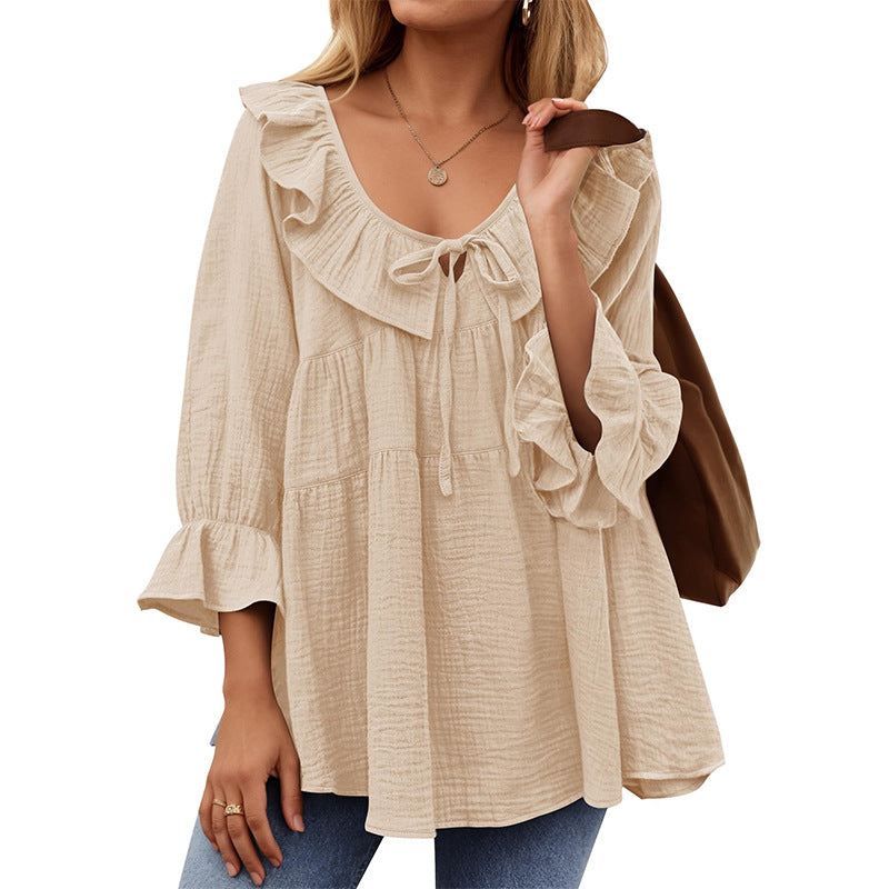 Ruffle Collar Tie Front Babydoll Shirt - Apricot
