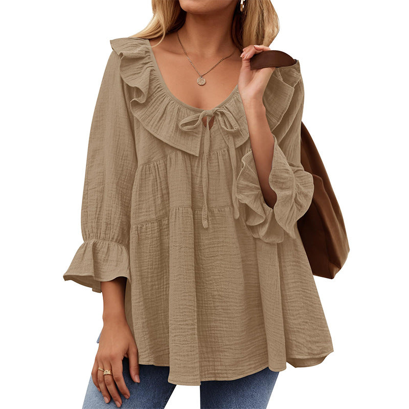 Ruffle Collar Tie Front Babydoll Shirt - Khaki