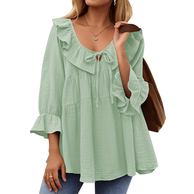 Ruffle Collar Tie Front Babydoll Shirt - LightGreen