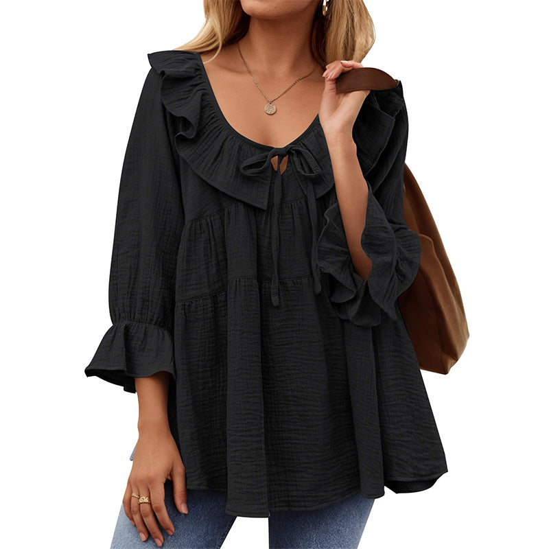 Ruffle Collar Tie Front Babydoll Shirt - black