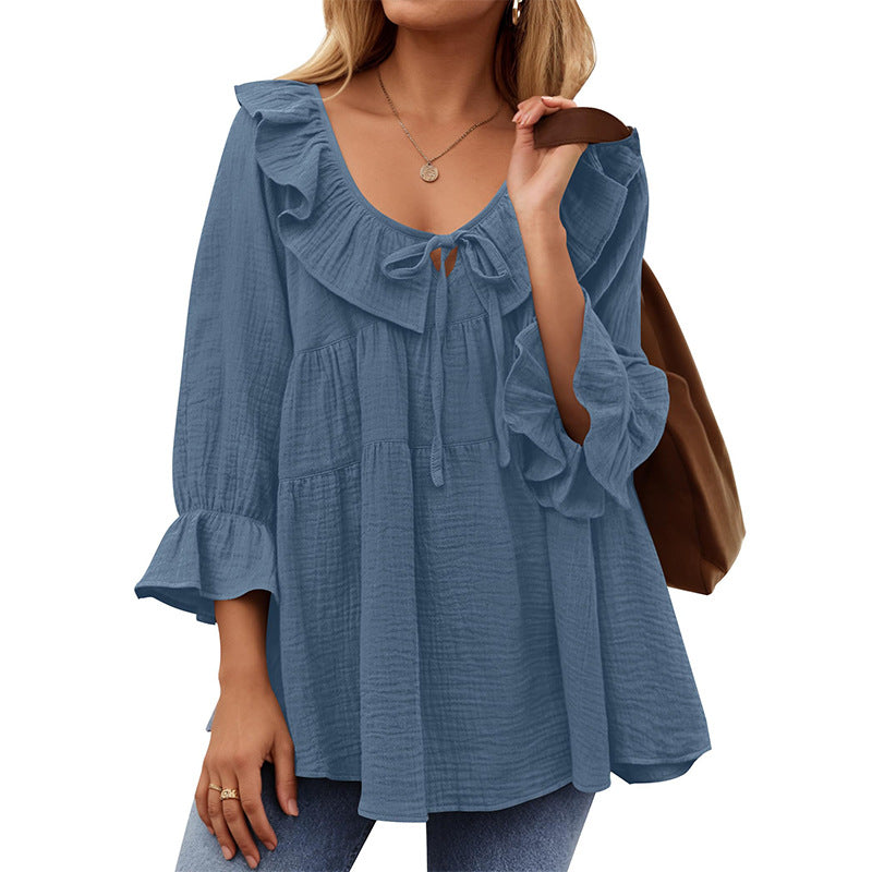 Ruffle Collar Tie Front Babydoll Shirt - blue