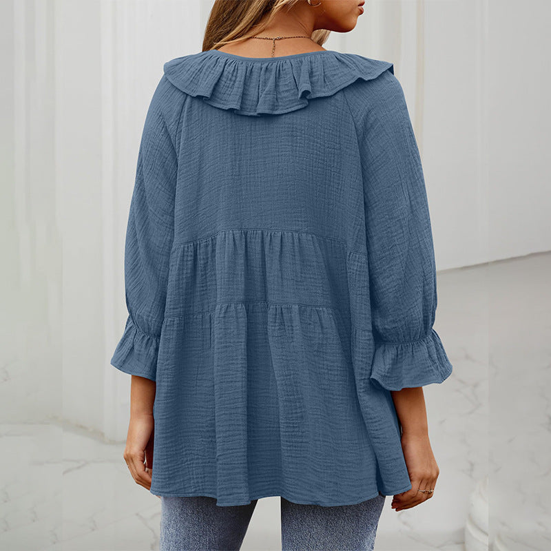 Ruffle Collar Tie Front Babydoll Shirt