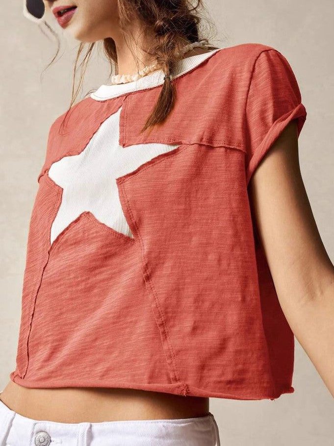 Star Applique Cropped Tee With Raw Neckline - Red - 1
