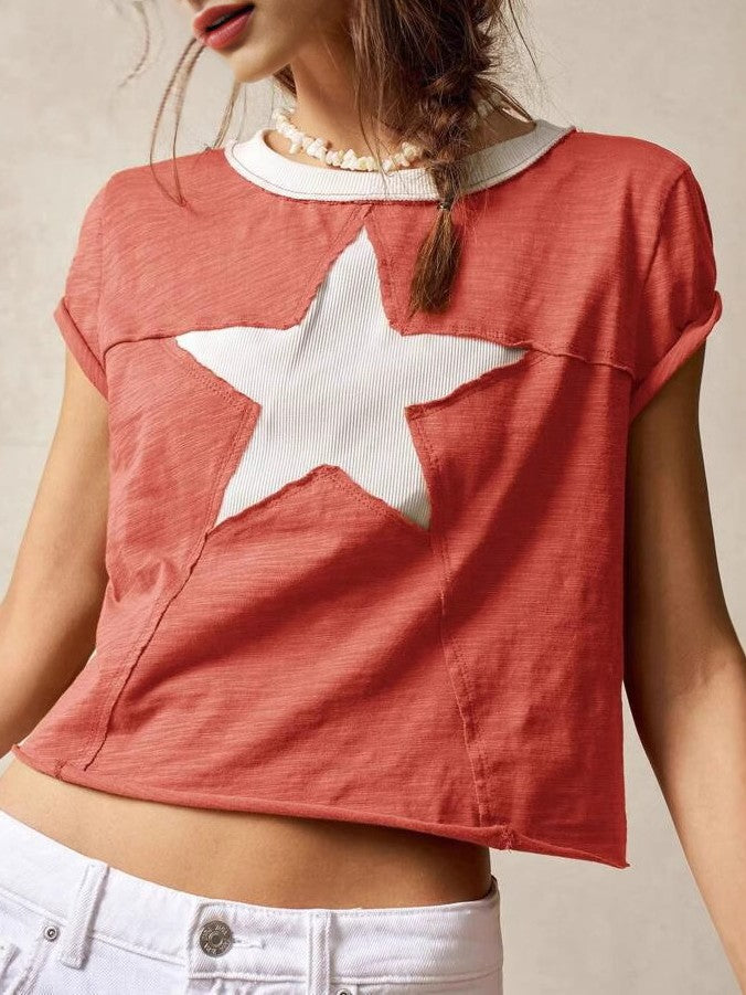 Star Applique Cropped Tee With Raw Neckline - Red - 2