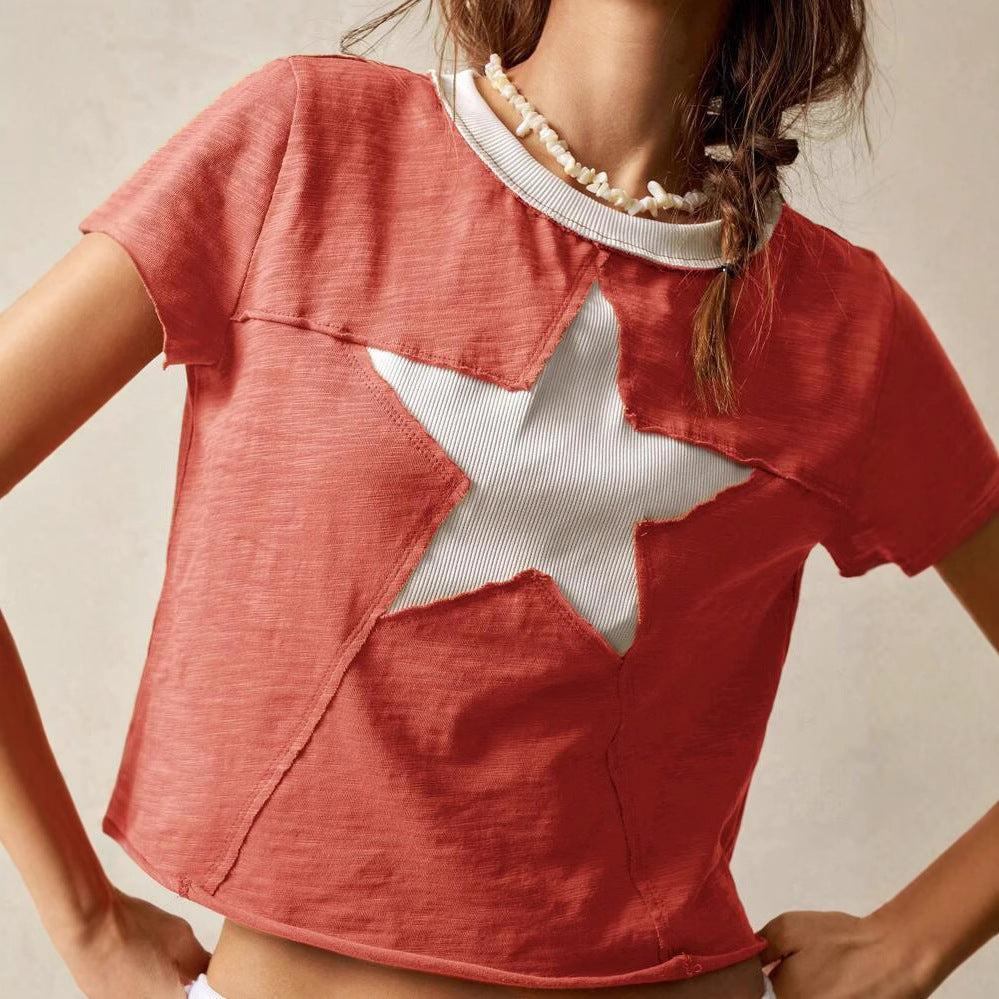 Star Applique Cropped Tee With Raw Neckline - Red - 3