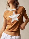 Star Applique Cropped Tee With Raw Neckline - orange
