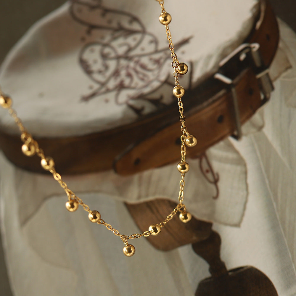 Dainty Beaded Ball Station Chain Necklace - Gold - 2