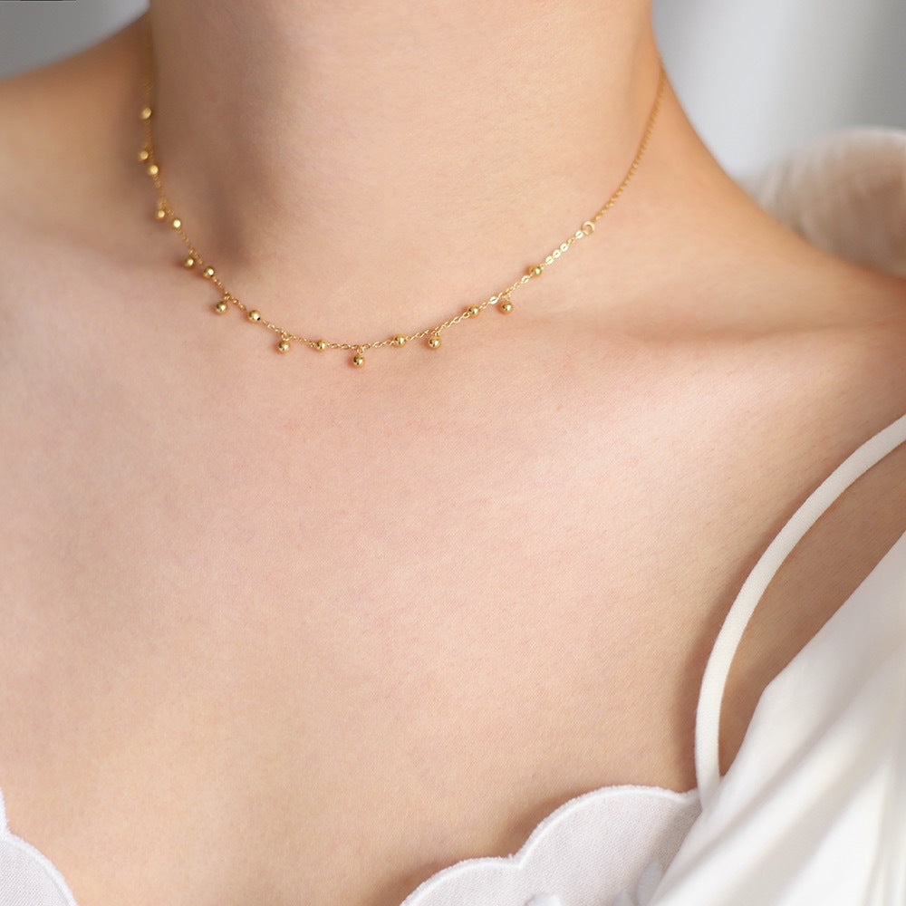 Dainty Beaded Ball Station Chain Necklace - Gold - 6