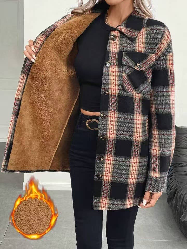 Fleece Lined Plaid Shacket With Chest Pockets