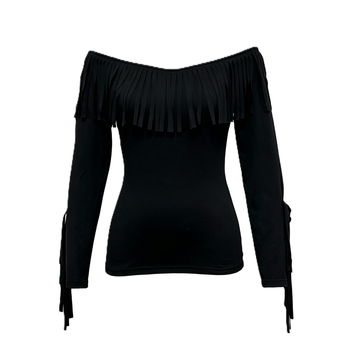 Western Fringe Off Shoulder Long Sleeve Top - Black