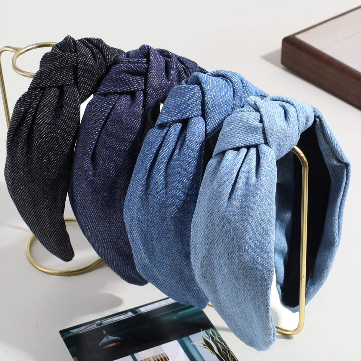 Retro Solid Denim Wide Headband with Twist Knot