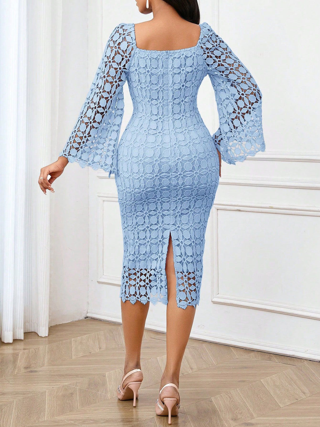 Guipure Lace Square Neck Bodycon Midi Dress - Blue - 1