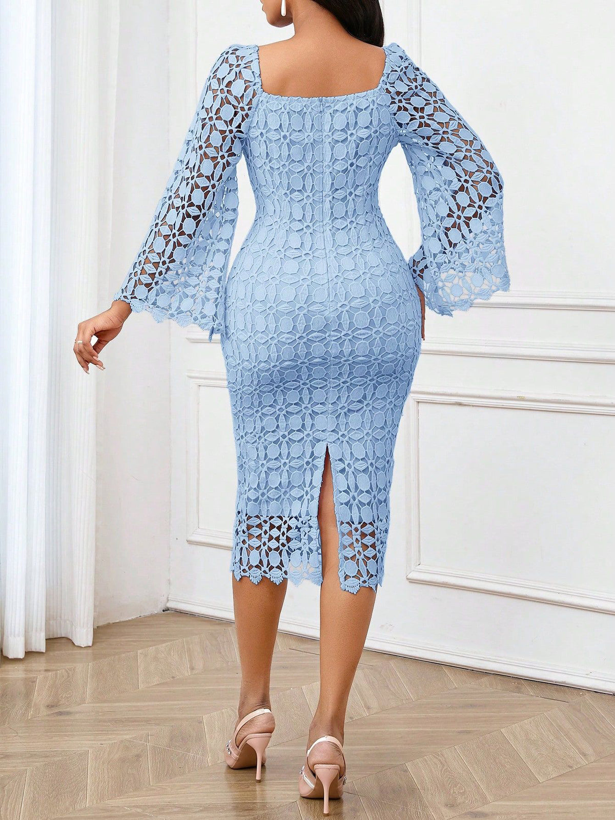 Guipure Lace Square Neck Bodycon Midi Dress - Blue - 1