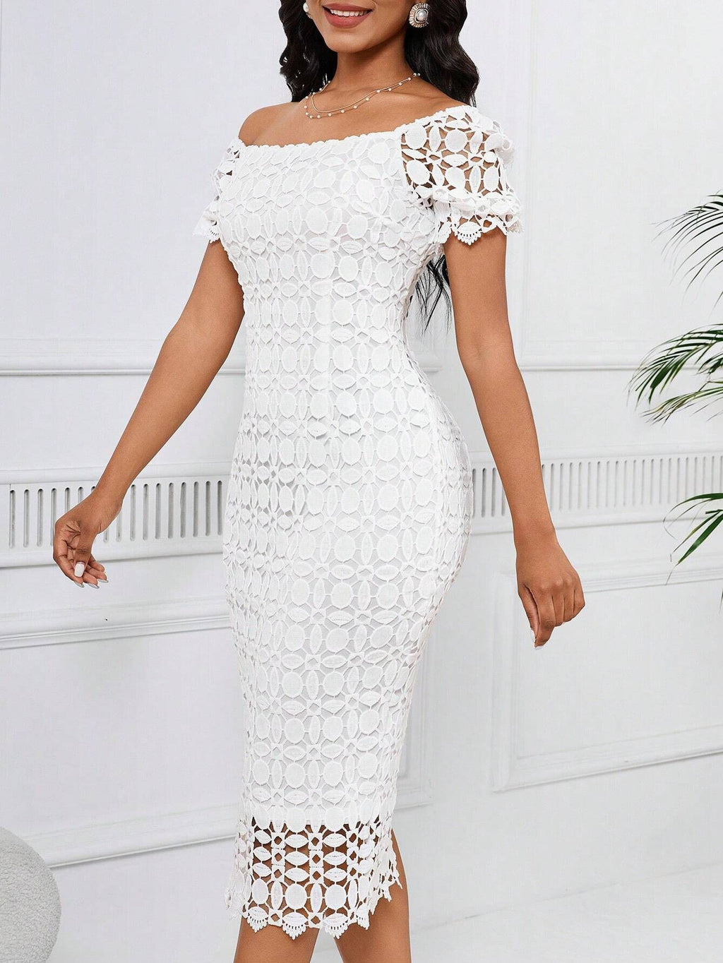 Guipure Lace Square Neck Bodycon Midi Dress - White