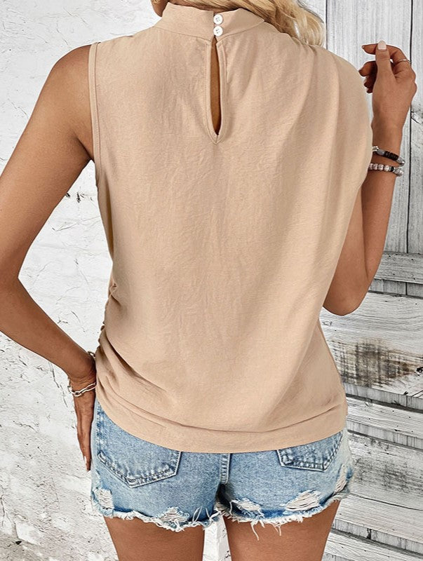 Mock Neck Sleeveless Pleated Shoulder Blouse - Apricot - 1