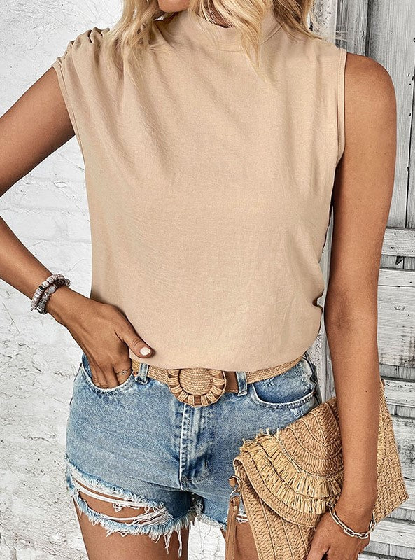 Mock Neck Sleeveless Pleated Shoulder Blouse - Apricot - 5