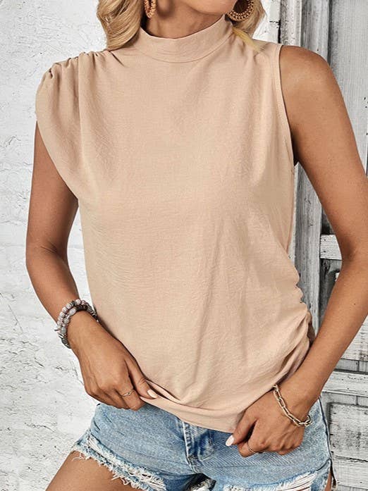 Mock Neck Sleeveless Pleated Shoulder Blouse