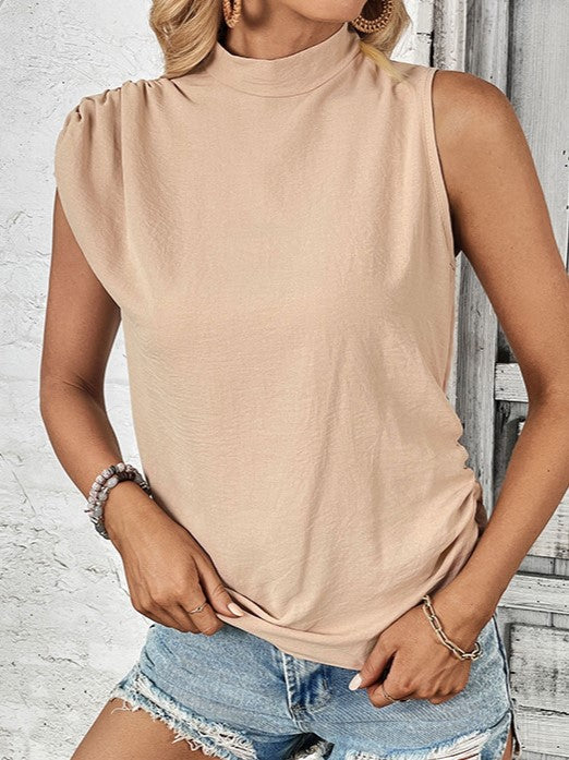 Mock Neck Sleeveless Pleated Shoulder Blouse - view 1