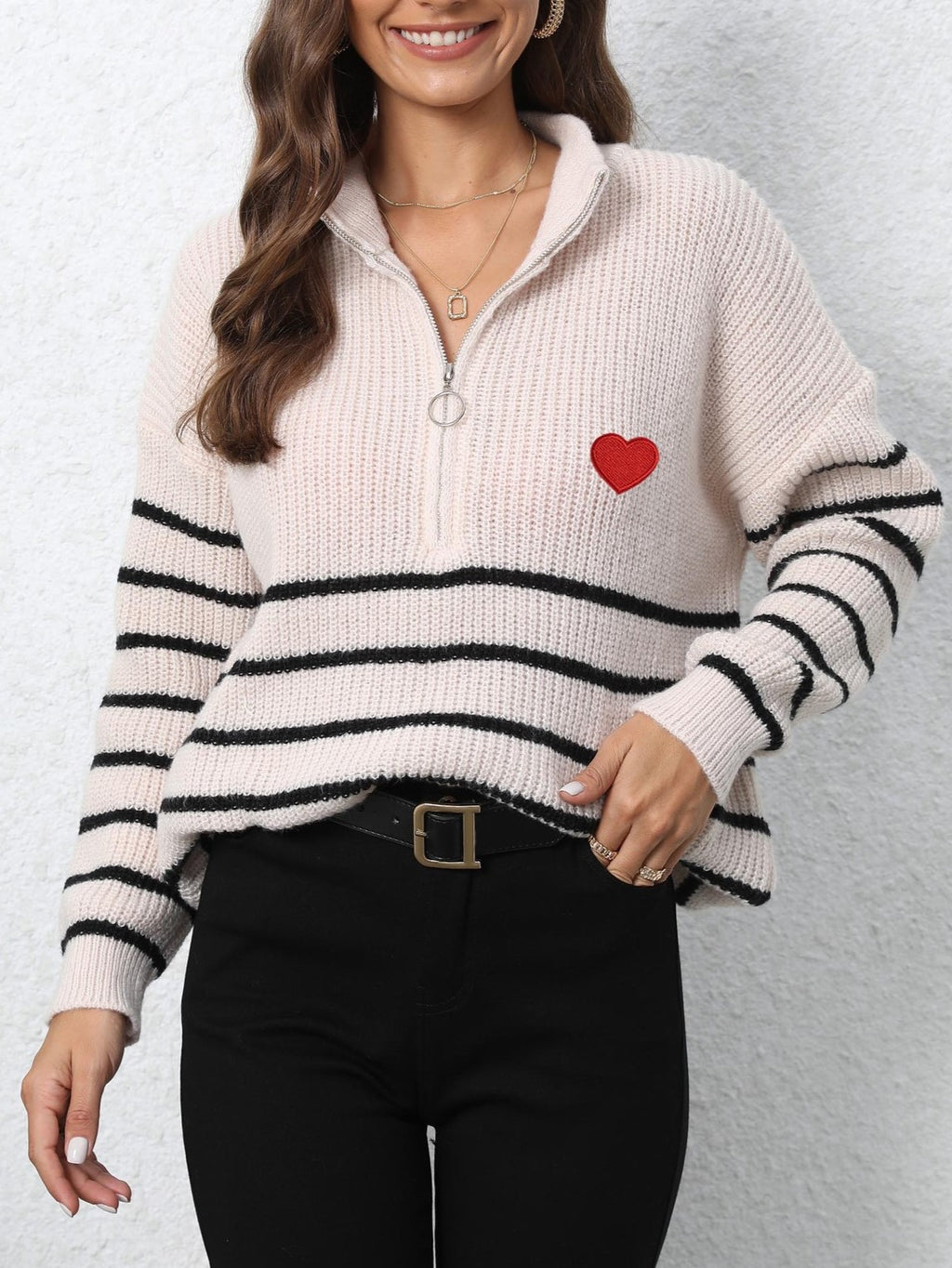 Heart Embroidered Half Zip Stripe Sweater - Beige