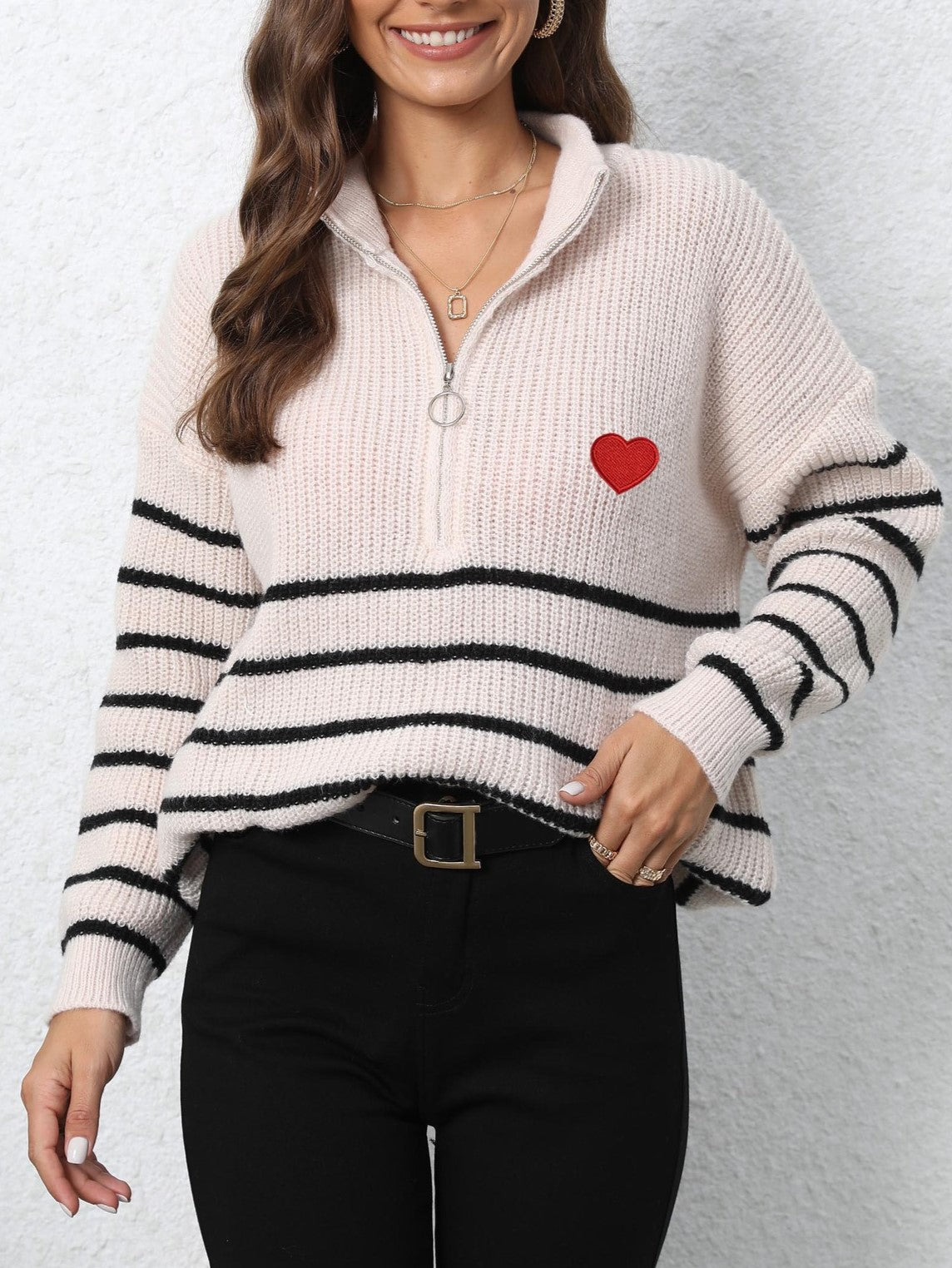 Heart Embroidered Half Zip Stripe Sweater - Beige