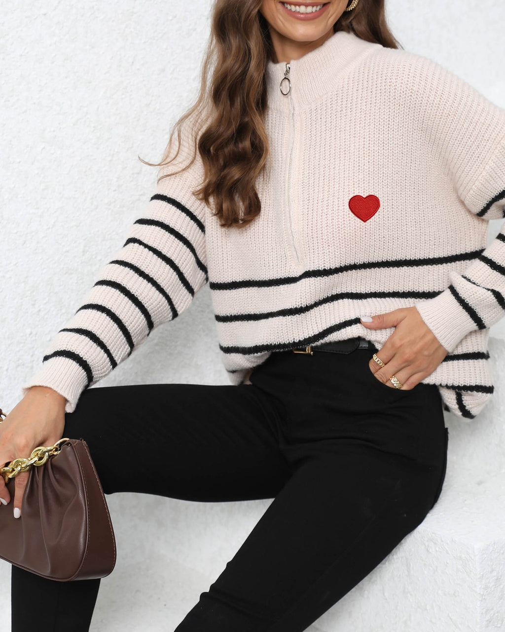 Heart Embroidered Half Zip Stripe Sweater - Beige - 1