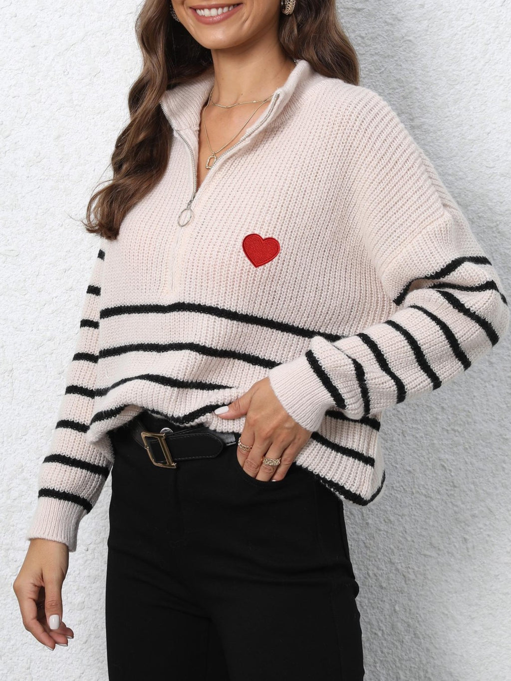 Heart Embroidered Half Zip Stripe Sweater - Beige - 2