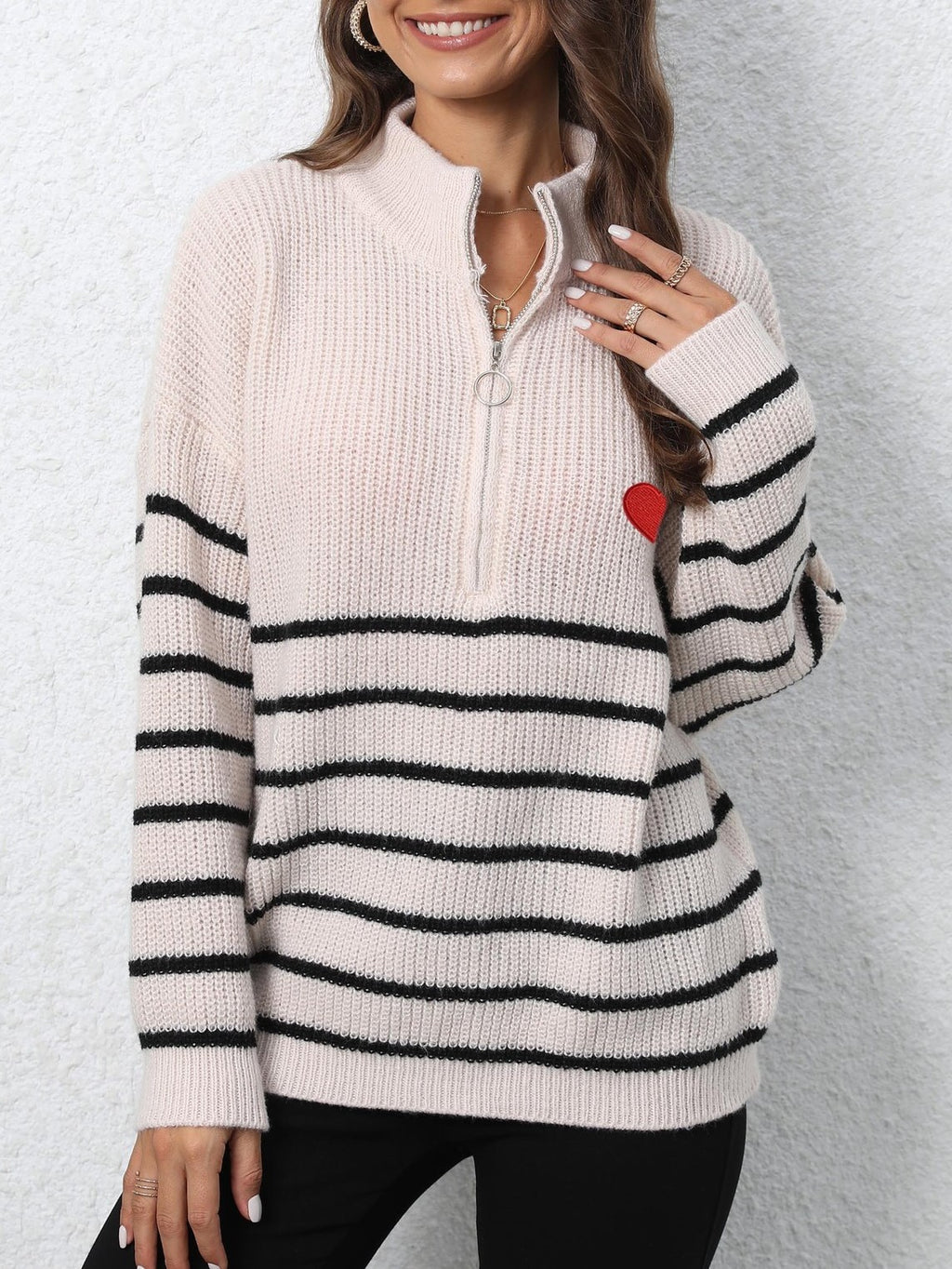 Heart Embroidered Half Zip Stripe Sweater - Beige - 3