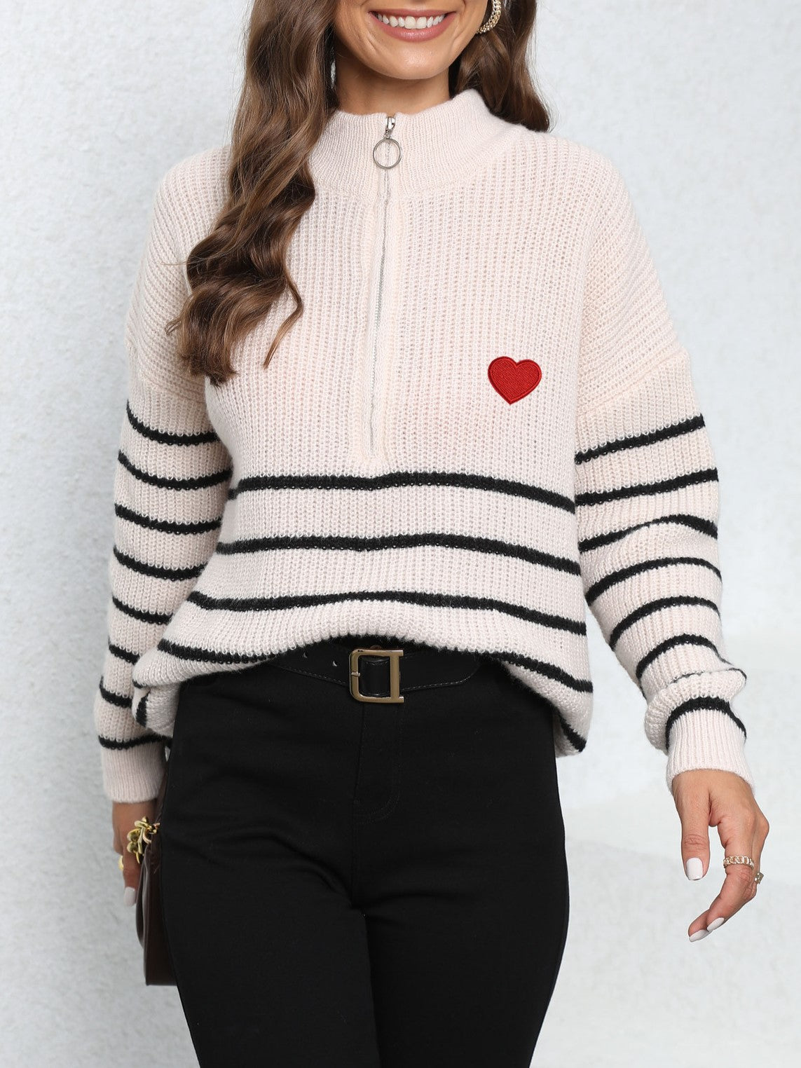 Heart Embroidered Half Zip Stripe Sweater - Beige - 8
