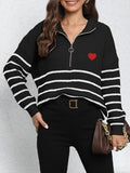 Heart Embroidered Half Zip Stripe Sweater - Black