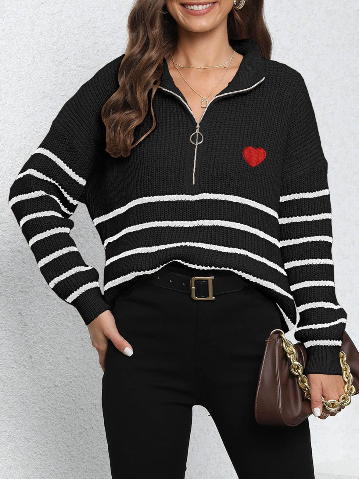 Heart Embroidered Half Zip Stripe Sweater - Black