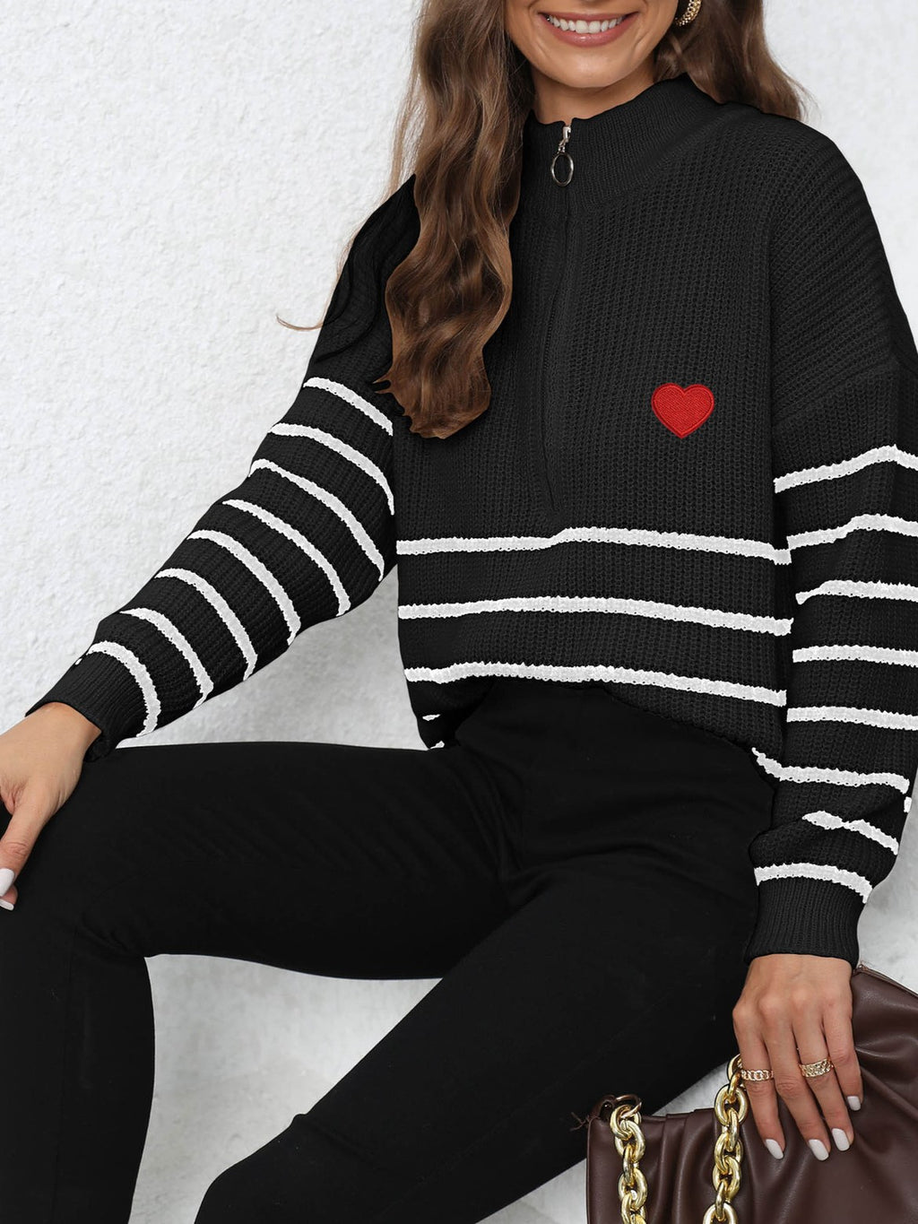 Heart Embroidered Half Zip Stripe Sweater - Black - 1