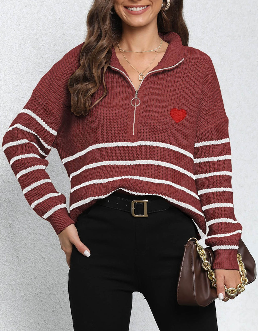 Heart Embroidered Half Zip Stripe Sweater - Burgundy