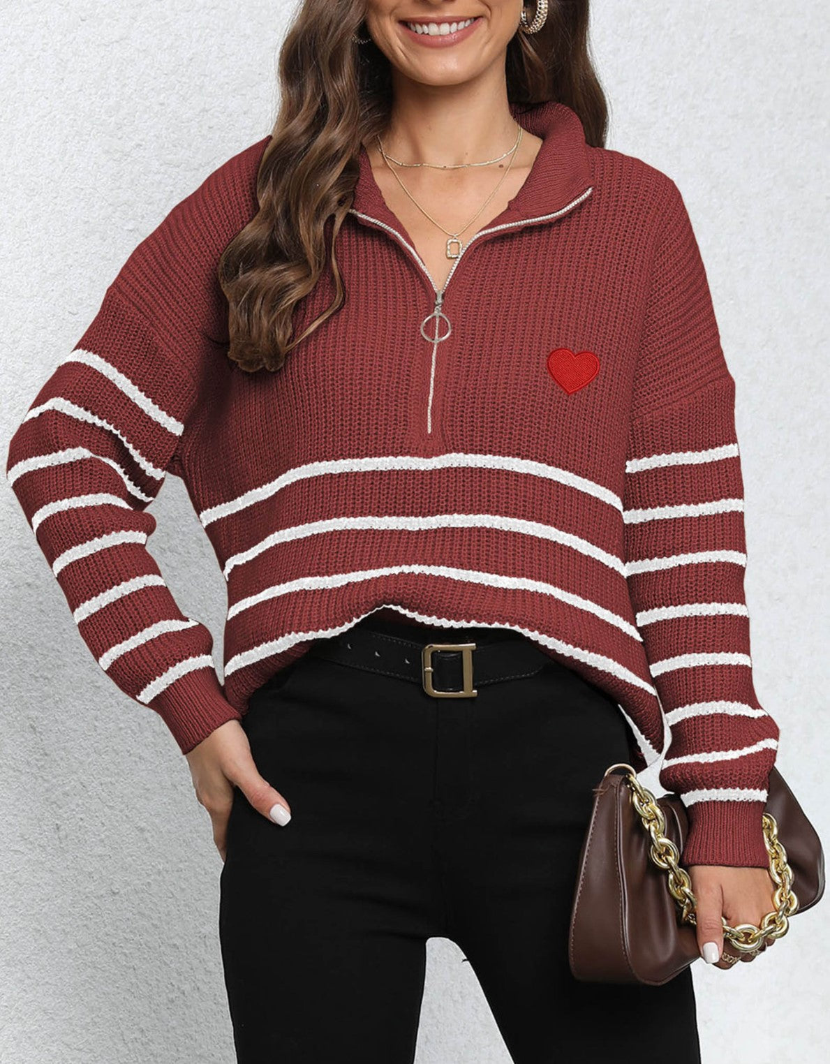 Heart Embroidered Half Zip Stripe Sweater - Burgundy