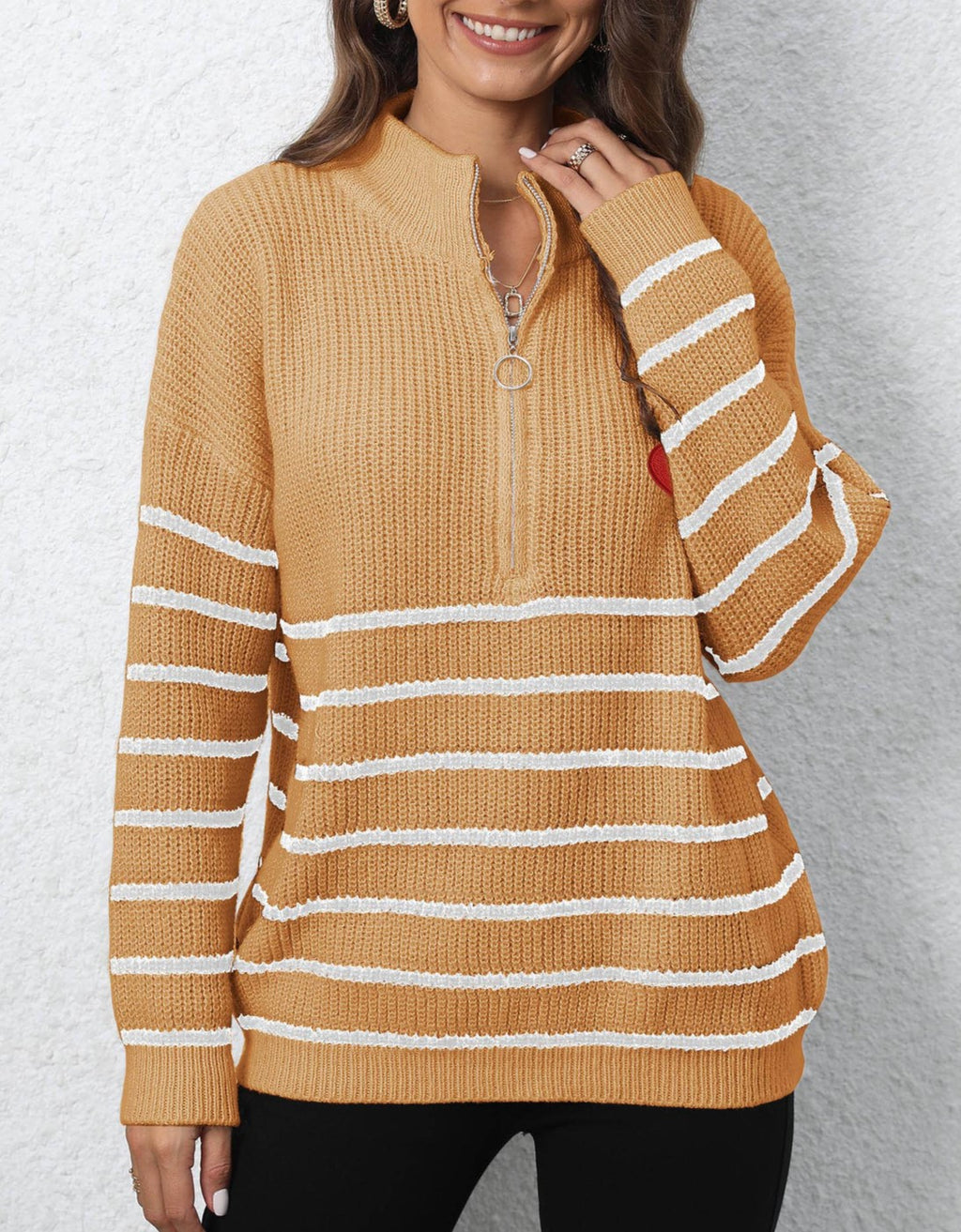 Heart Embroidered Half Zip Stripe Sweater - Yellow - 1